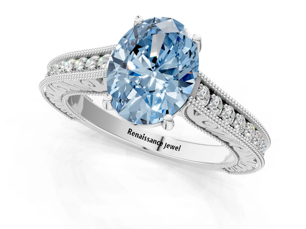 Platinum Fancy Blue Oval Cut Cut Pave Band Milgrain Solitaire Ring