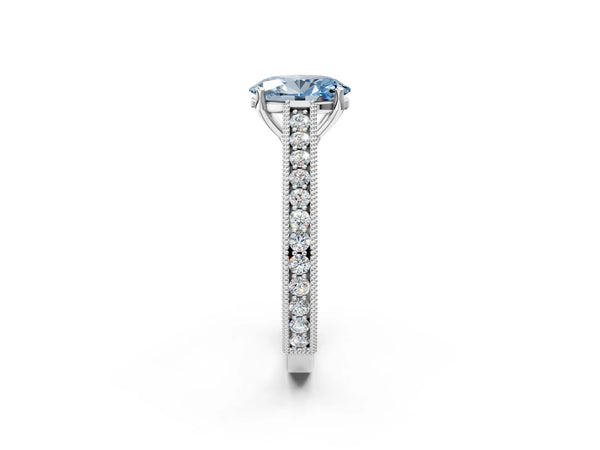 Platinum Fancy Blue Oval Cut Cut Pave Band Milgrain Solitaire Ring