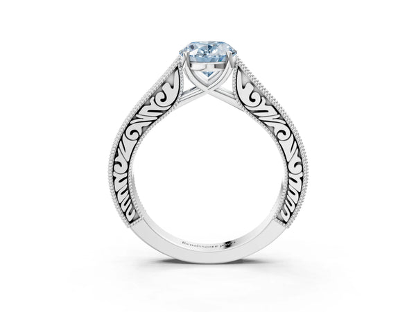 Platinum Fancy Blue Oval Cut Cut Pave Band Milgrain Solitaire Ring