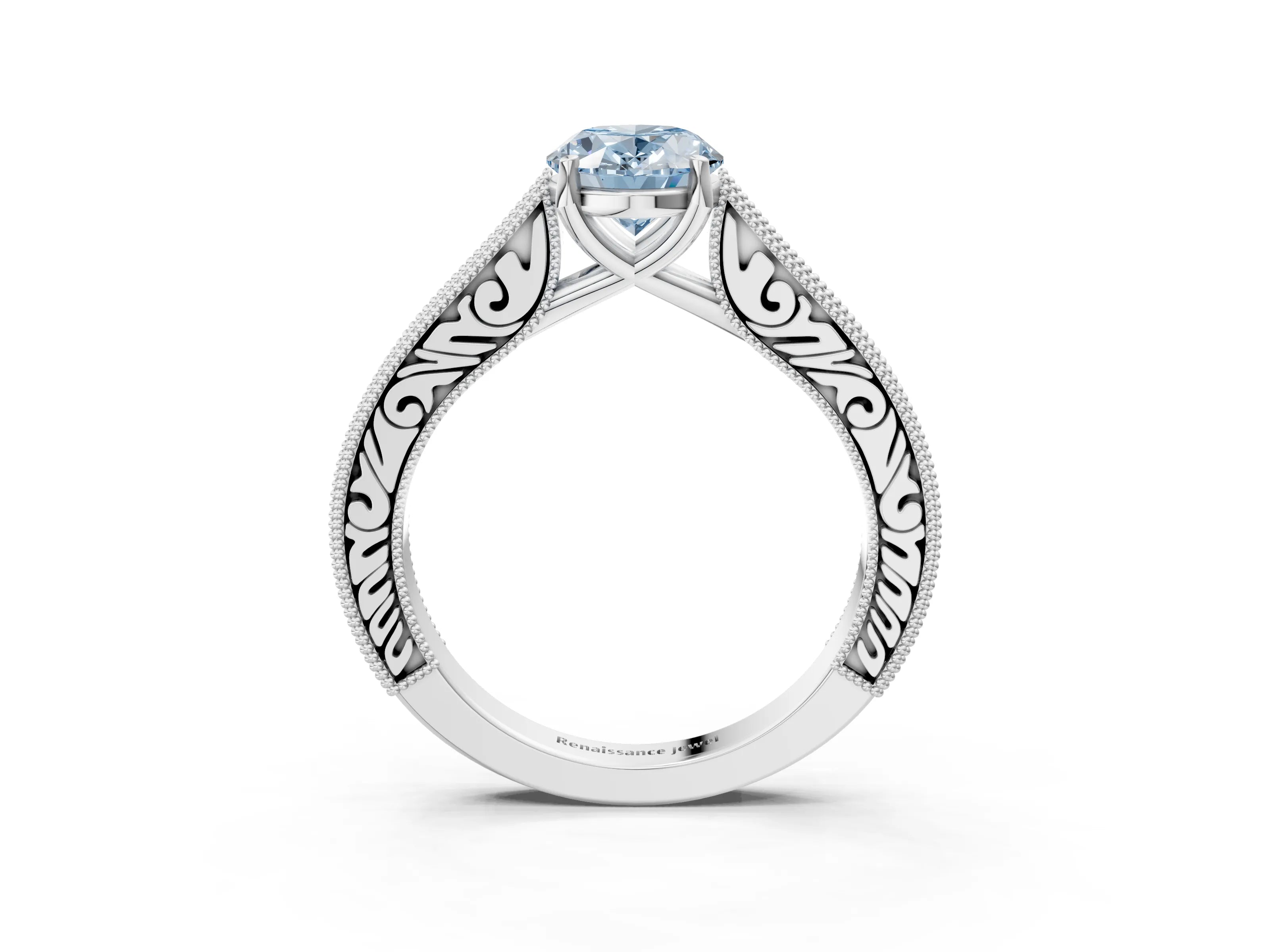 White gold Fancy Blue Oval Cut Cut Pave Band Milgrain Solitaire Ring_3