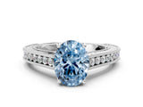 White gold Fancy Blue Oval Cut Cut Pave Band Milgrain Solitaire Ring