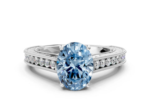 White gold Fancy Blue Oval Cut Cut Pave Band Milgrain Solitaire Ring