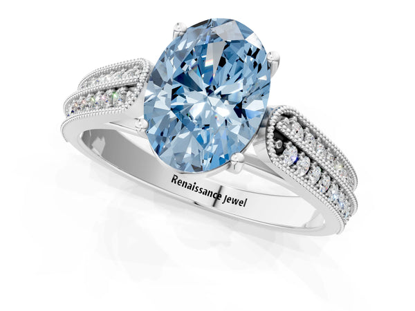 Platinum Fancy Blue Oval Cut Cut Pave Split Shank Engagement Ring with Four-Prong Setting