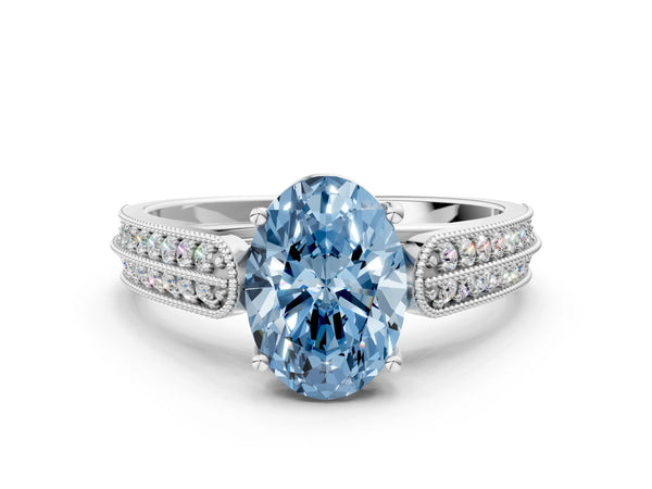 Platinum Fancy Blue Oval Cut Cut Pave Split Shank Engagement Ring with Four-Prong Setting