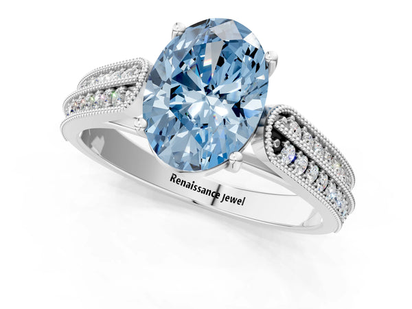 Platinum Fancy Blue Oval Cut Cut Pave Split Shank Engagement Ring with Four-Prong Setting