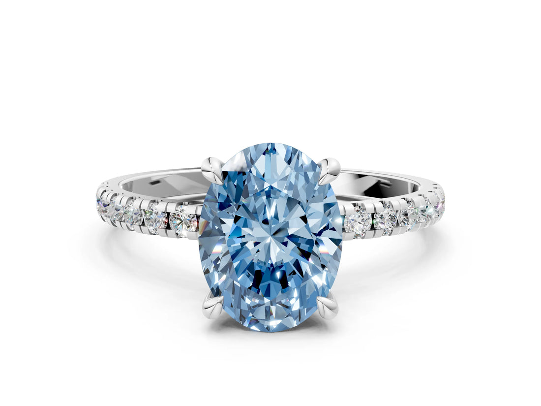 White gold Fancy Blue Oval Cut Diamond Brilliant Solitaire Ring with Pavé Band and Four-Prong Setting_12