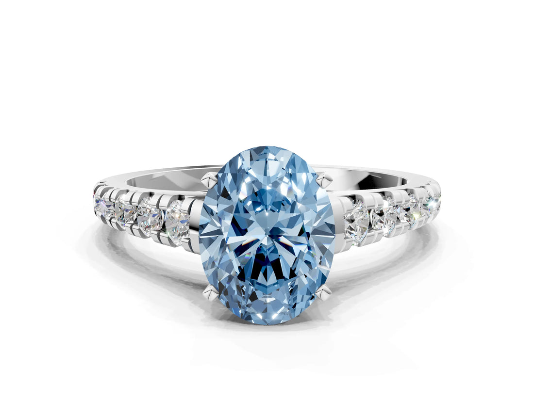 White gold Fancy Blue Oval Cut Diamond Cathedral Solitaire Ring with Round  Pavé Band_210