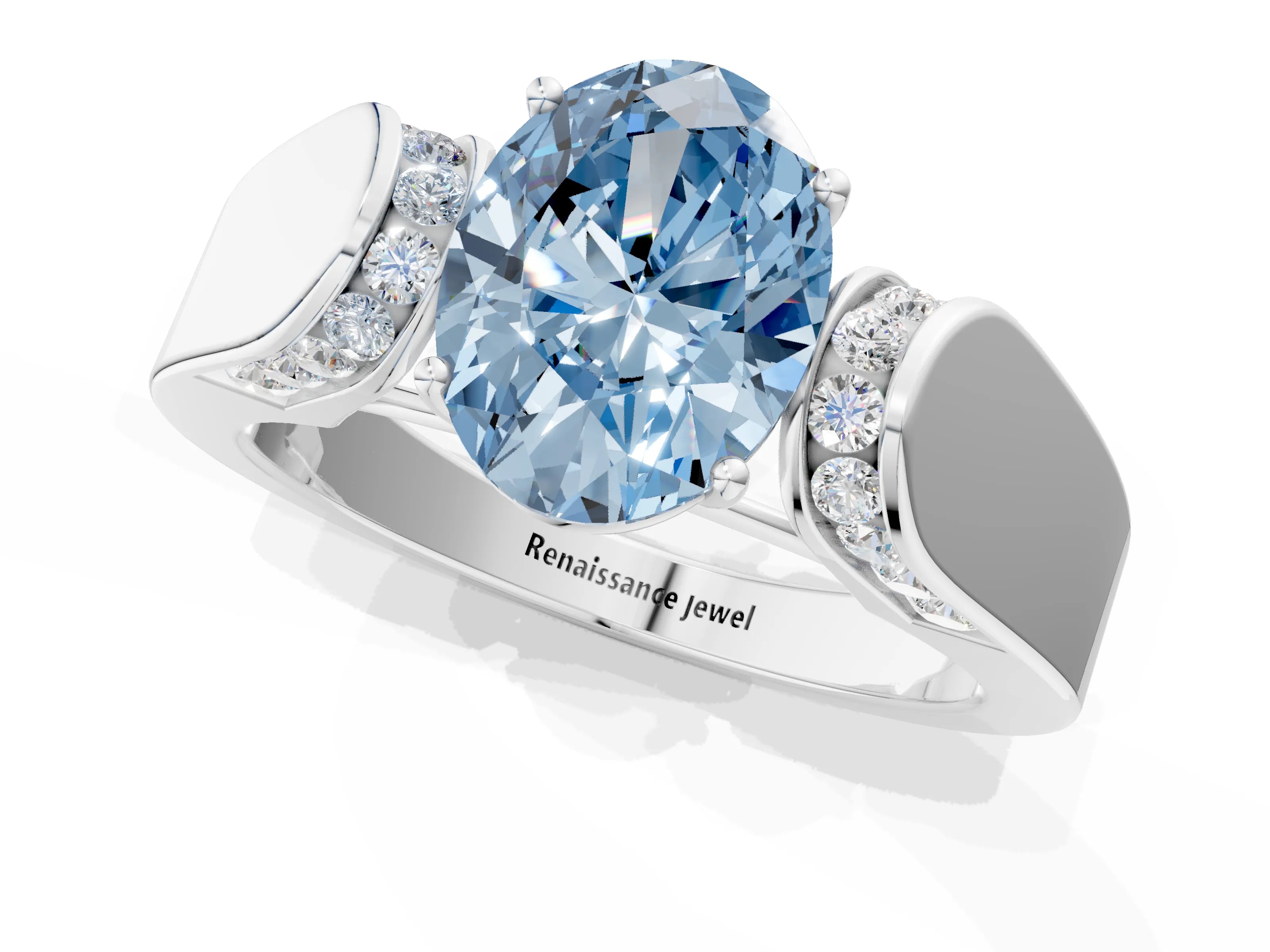 White gold Fancy Blue Oval Cut Diamond Channel Set Solitaire Ring with Four-Prong Setting_56