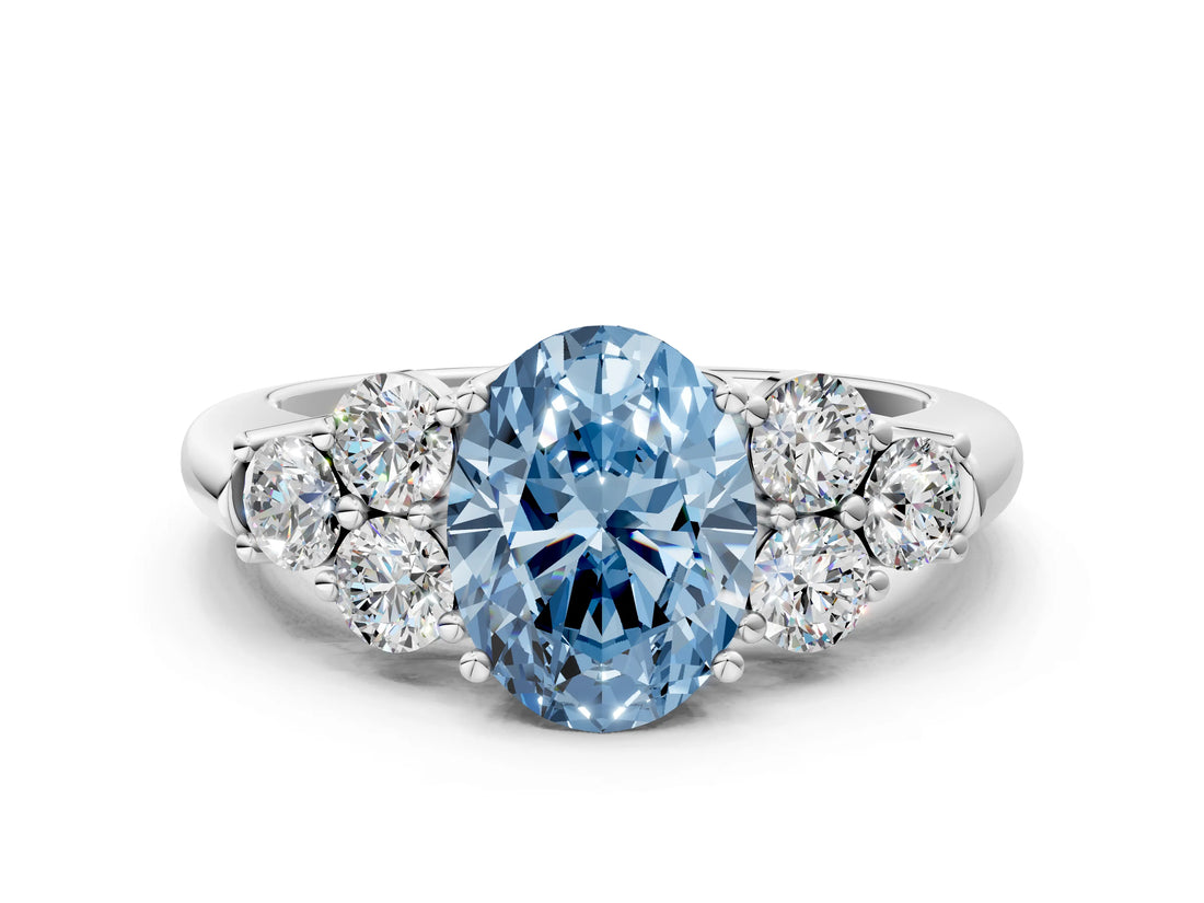 White gold Fancy Blue Oval  Cut Diamond Cluster Ring with Round Accent Stones and Prong Setting on a Classic Band_49