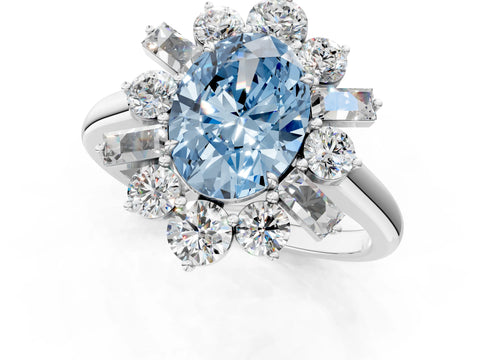 White gold Fancy Blue Oval Cut Diamond Cluster Ring with Round and Baguette Stones, Split Shank Band, Prong Setting_13