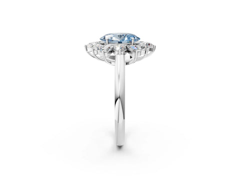 White gold Fancy Blue Oval Cut Diamond Cluster Ring with Round and Baguette Stones, Split Shank Band, Prong Setting_14
