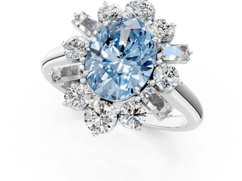 White gold Fancy Blue Oval Cut Diamond Cluster Ring with Round and Baguette Stones, Split Shank Band, Prong Setting_1