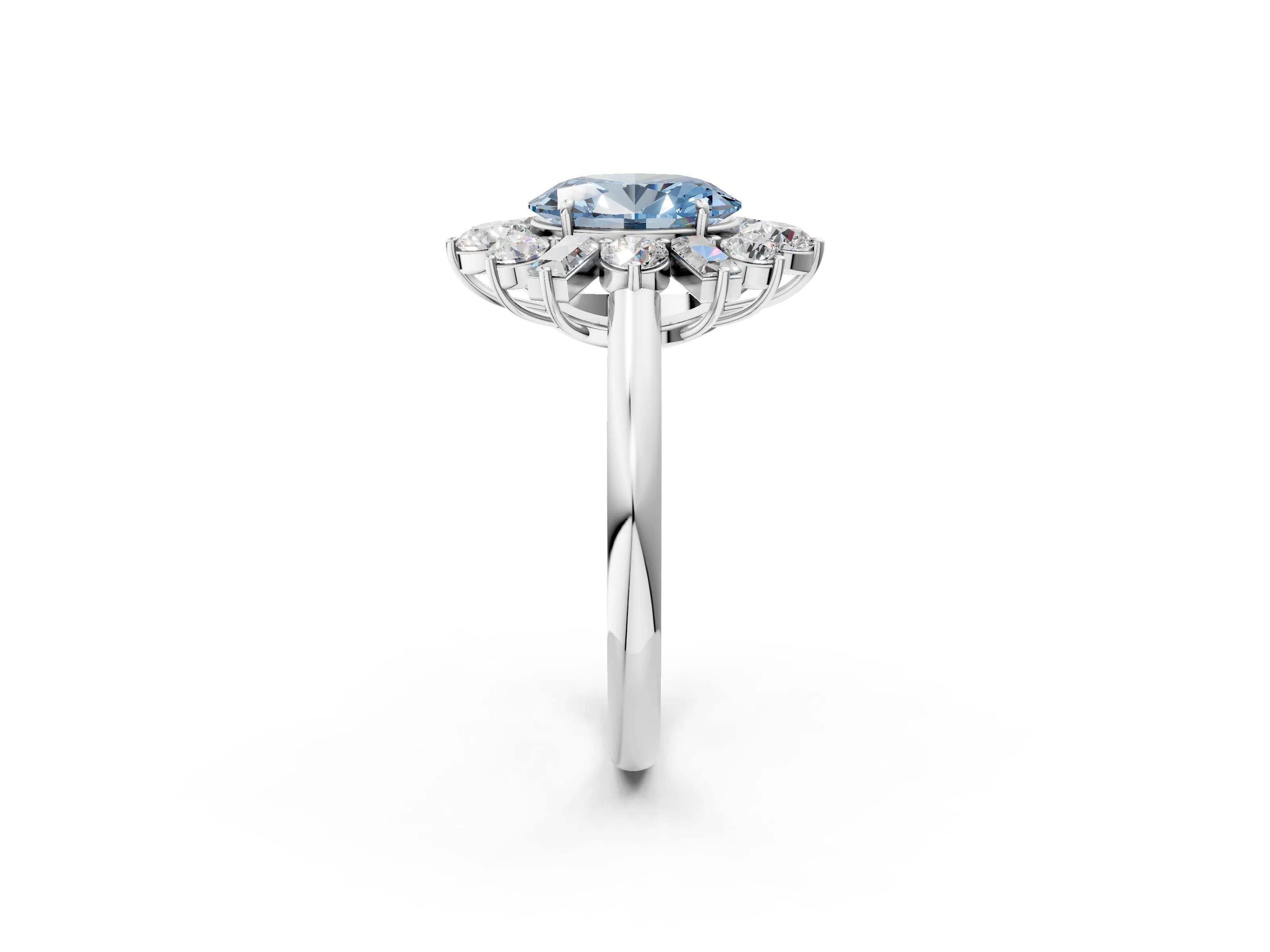 White gold Fancy Blue Oval Cut Diamond Cluster Ring with Round and Baguette Stones, Split Shank Band, Prong Setting_2