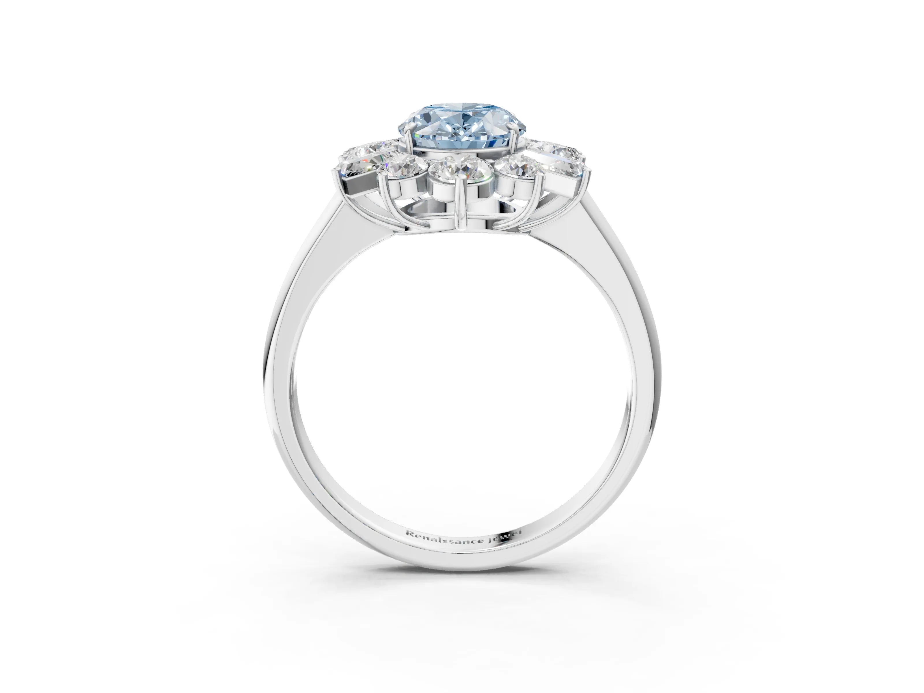 White gold Fancy Blue Oval Cut Diamond Cluster Ring with Round and Baguette Stones, Split Shank Band, Prong Setting_3