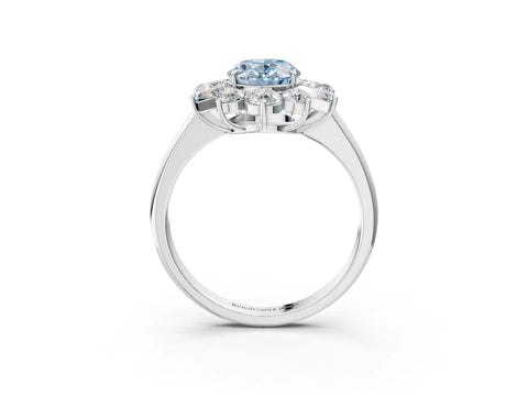 White gold Fancy Blue Oval Cut Diamond Cluster Ring with Round and Baguette Stones, Split Shank Band, Prong Setting_3