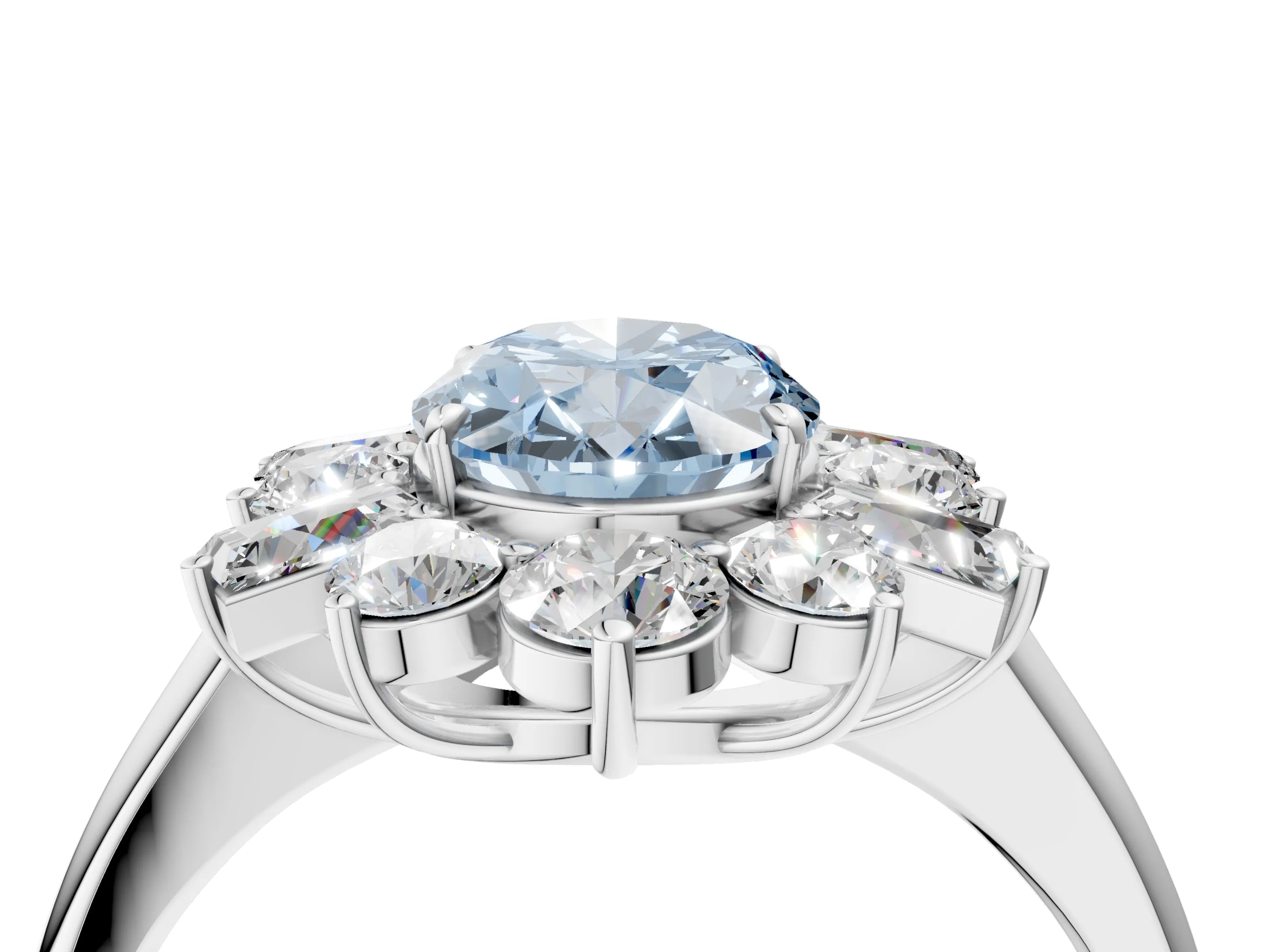 White gold Fancy Blue Oval Cut Diamond Cluster Ring with Round and Baguette Stones, Split Shank Band, Prong Setting_4