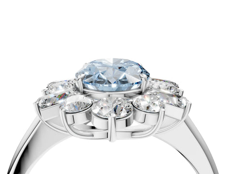 White gold Fancy Blue Oval Cut Diamond Cluster Ring with Round and Baguette Stones, Split Shank Band, Prong Setting_4