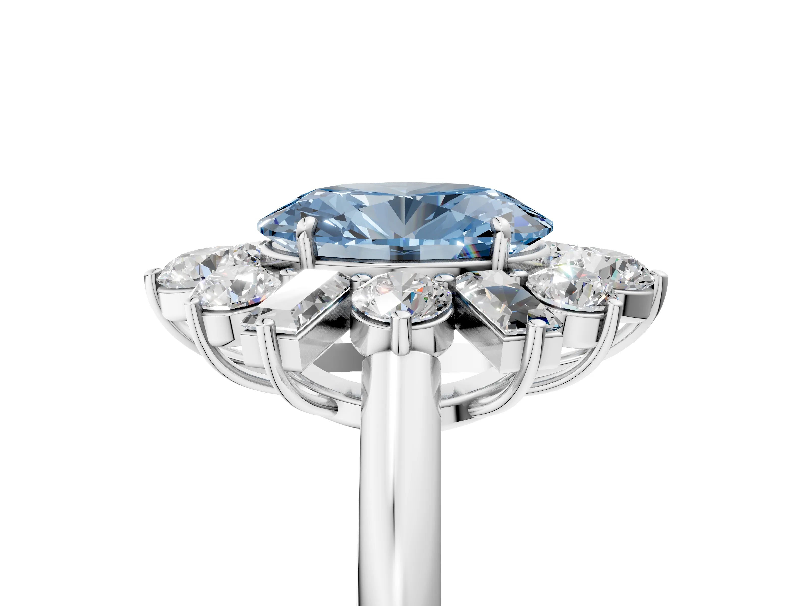 White gold Fancy Blue Oval Cut Diamond Cluster Ring with Round and Baguette Stones, Split Shank Band, Prong Setting_5