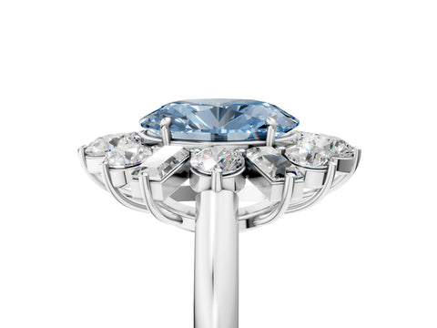 White gold Fancy Blue Oval Cut Diamond Cluster Ring with Round and Baguette Stones, Split Shank Band, Prong Setting_5