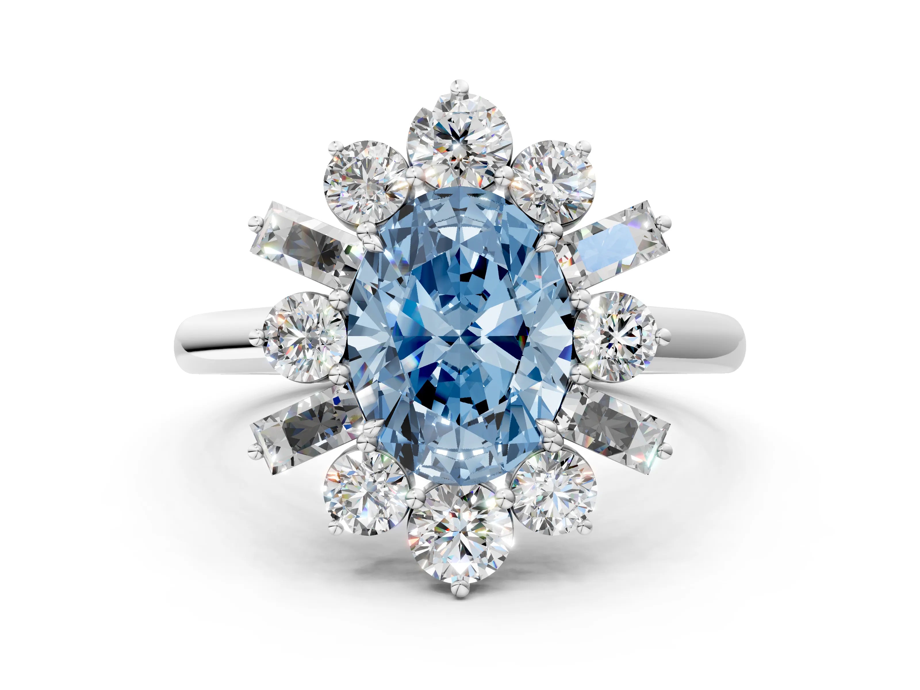 White gold Fancy Blue Oval Cut Diamond Cluster Ring with Round and Baguette Stones, Split Shank Band, Prong Setting