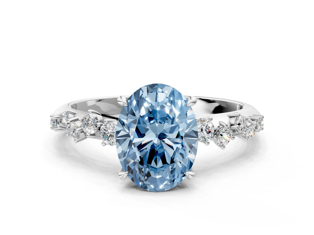 White gold Fancy Blue Oval Cut Diamond Cluster Side Stone Solitaire Ring with Prong Setting_94
