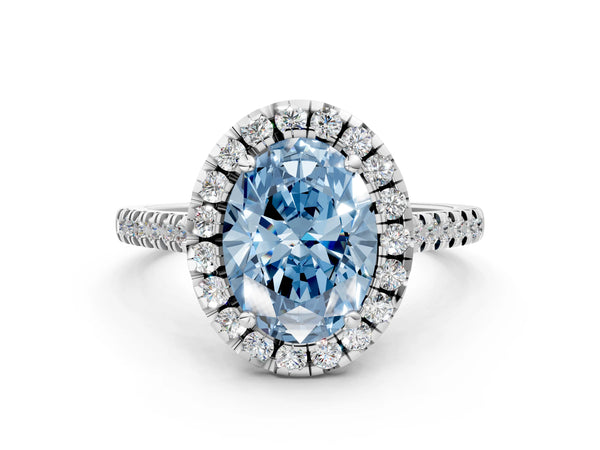 Platinum Fancy Blue Oval Cut Diamond Cushion Halo Ring with Pavé Band