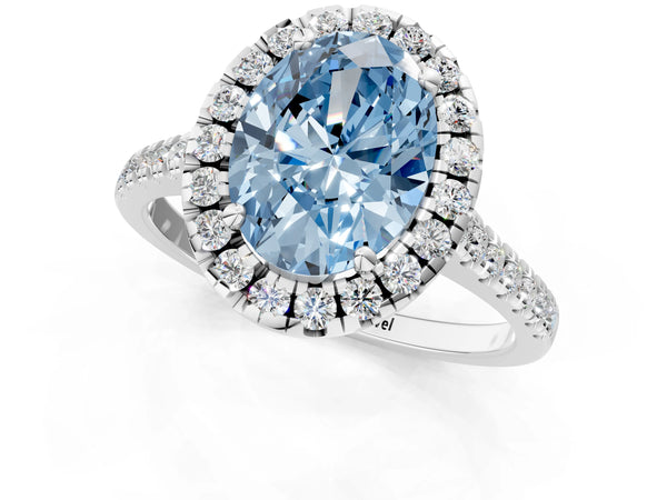 Platinum Fancy Blue Oval Cut Diamond Cushion Halo Ring with Pavé Band
