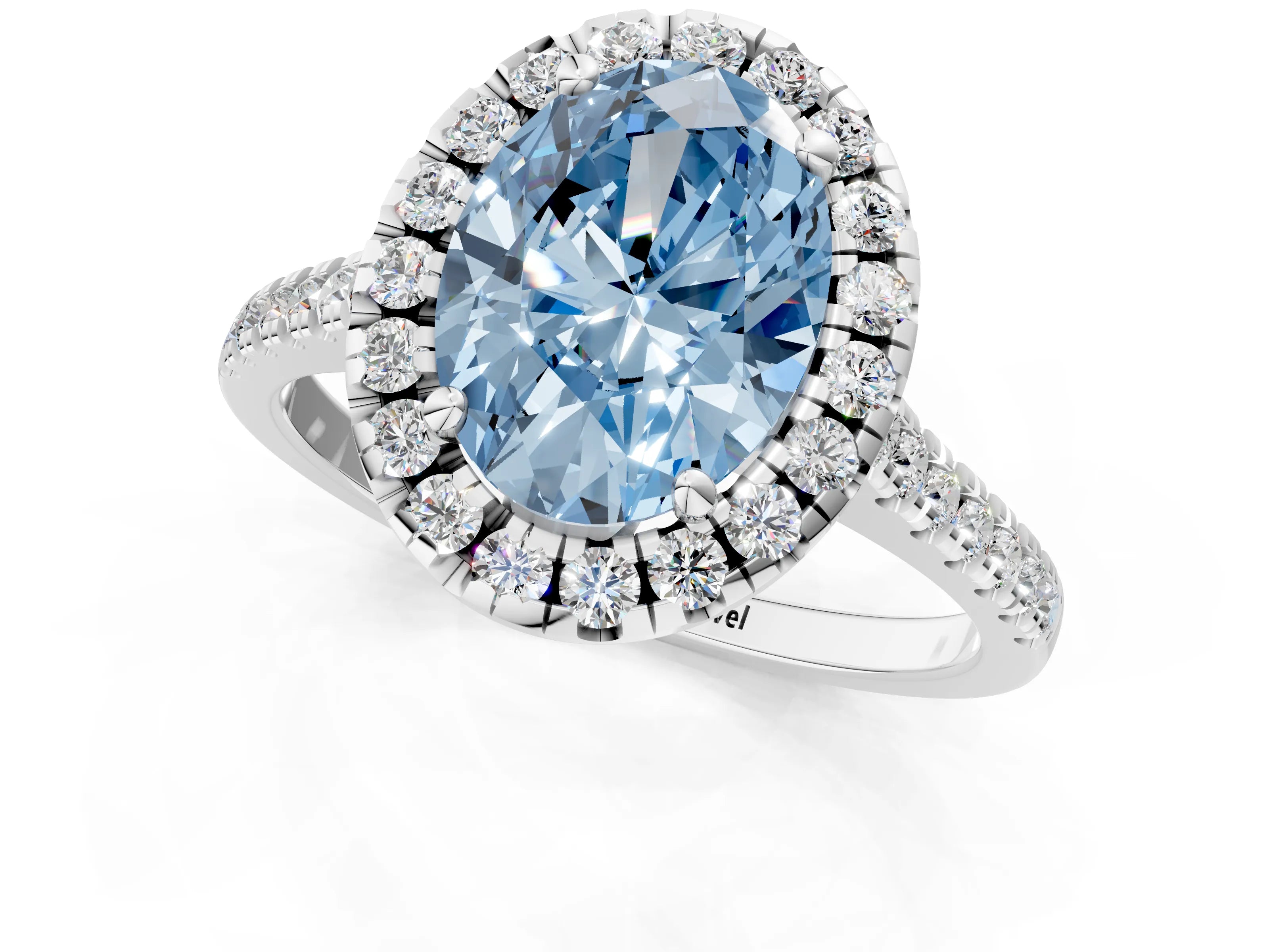 White gold Fancy Blue Oval Cut Diamond Cushion Halo Ring with Pavé Band_13
