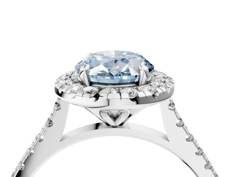 White gold Fancy Blue Oval Cut Diamond Cushion Halo Ring with Pavé Band_16