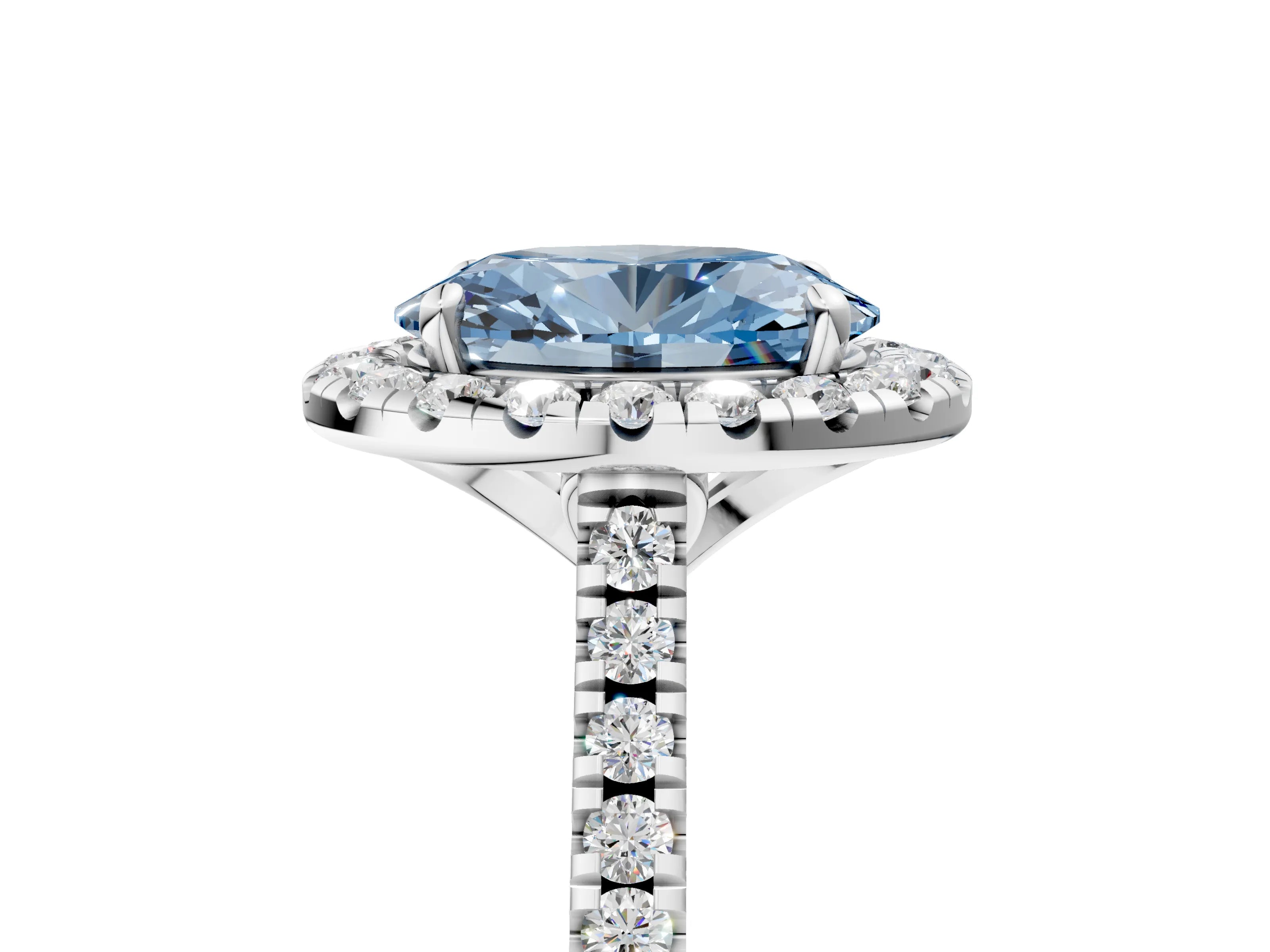 White gold Fancy Blue Oval Cut Diamond Cushion Halo Ring with Pavé Band_17