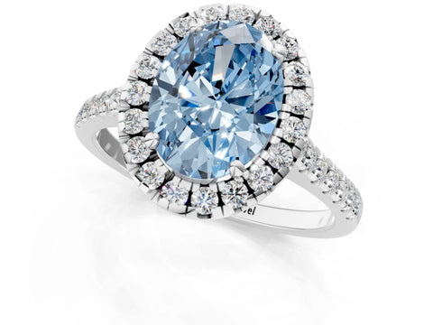 White gold Fancy Blue Oval Cut Diamond Cushion Halo Ring with Pavé Band_1