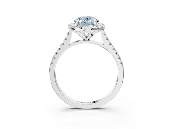 Platinum Fancy Blue Oval Cut Diamond Cushion Halo Ring with Pavé Band
