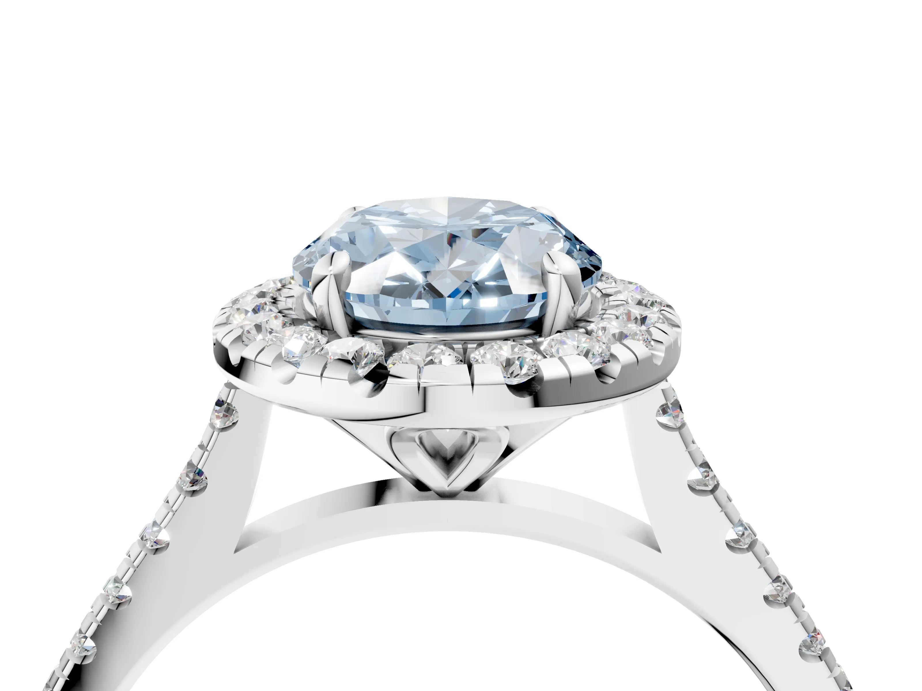White gold Fancy Blue Oval Cut Diamond Cushion Halo Ring with Pavé Band_4