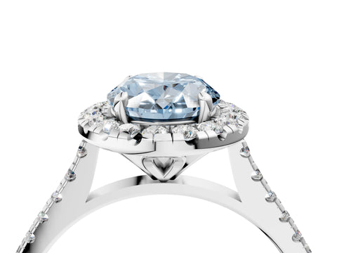 White gold Fancy Blue Oval Cut Diamond Cushion Halo Ring with Pavé Band_4