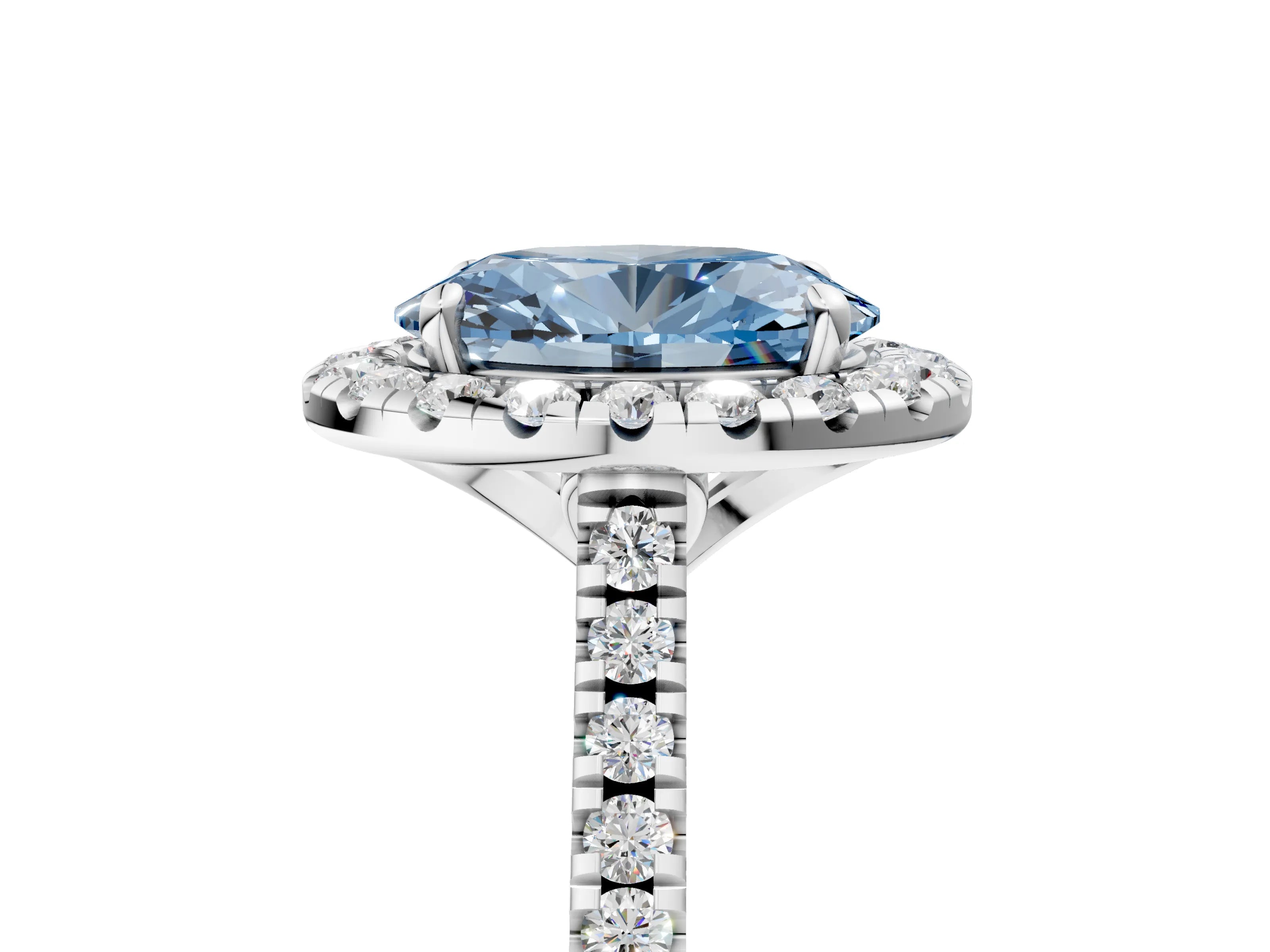 White gold Fancy Blue Oval Cut Diamond Cushion Halo Ring with Pavé Band_5