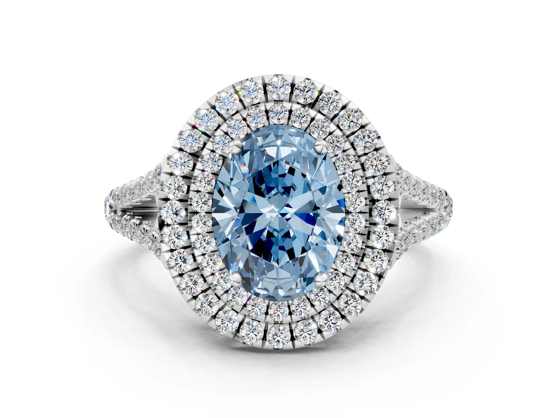 White gold Fancy Blue Oval Cut Diamond Double Halo Ring with Pavé Band and Prong Setting_117