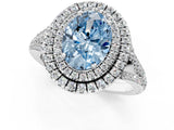 White gold Fancy Blue Oval Cut Diamond Double Halo Ring with Pavé Band and Prong Setting_129