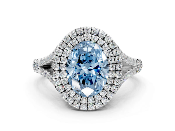 Platinum Fancy Blue Oval Cut Diamond Double Halo Ring with Split Shank and Prong Setting