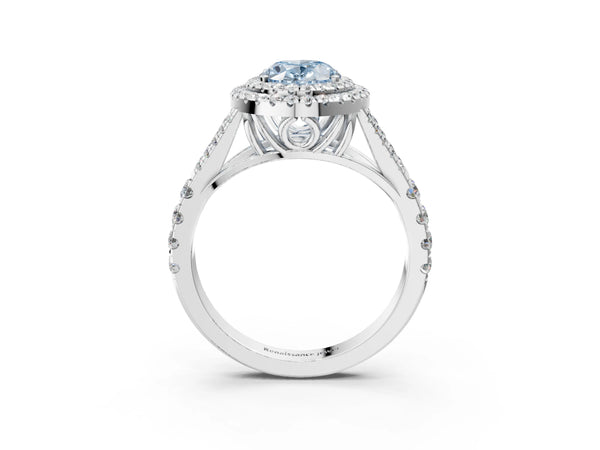 Platinum Fancy Blue Oval Cut Diamond Double Halo Ring with Split Shank and Prong Setting