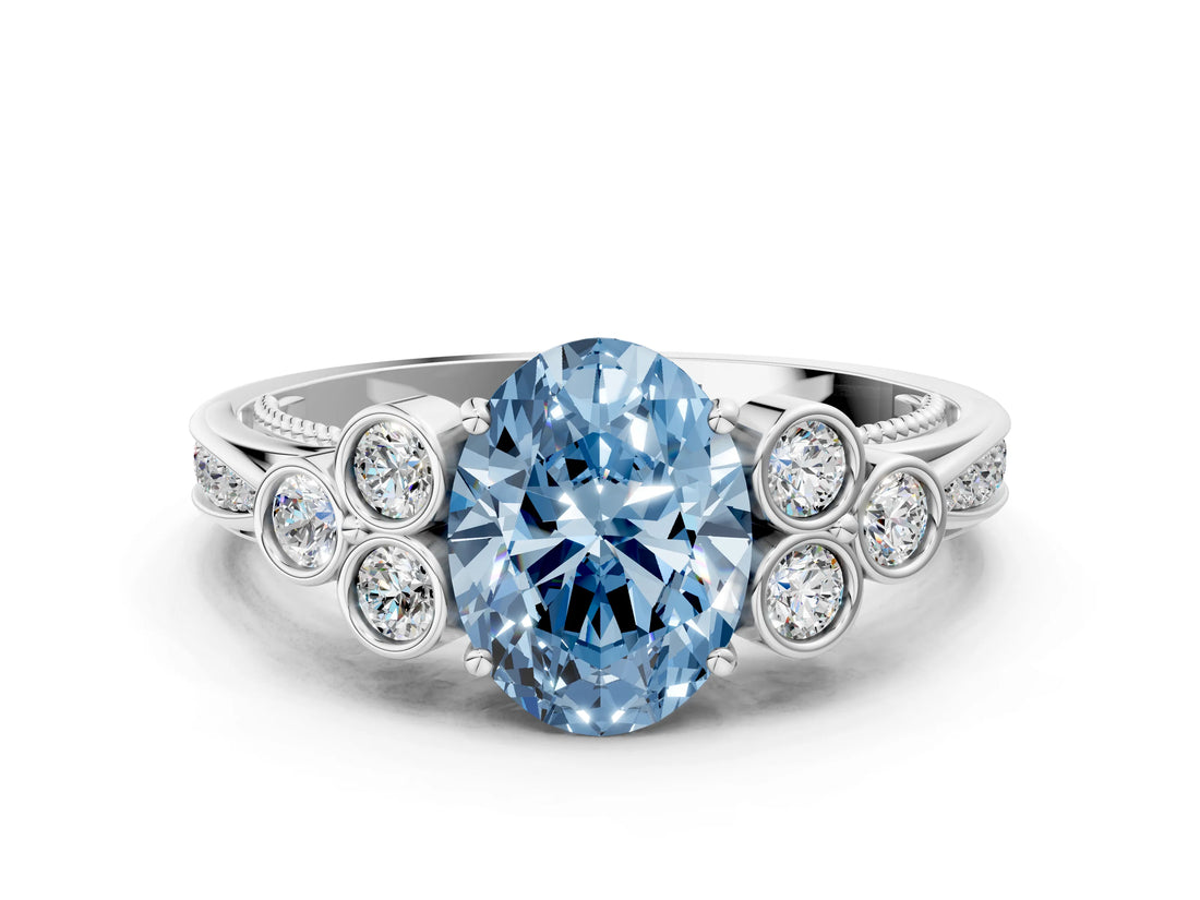 White gold Fancy Blue Oval  Cut Diamond Engagement Ring with Bezel Set Round Side Stones and Prong Setting_52