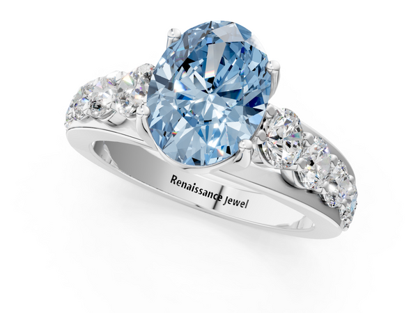 White gold Fancy Blue Oval Cut Diamond Engagement Ring with Pavé Band and Four-Prong Setting