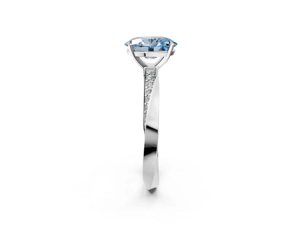 Platinum Fancy Blue Oval Cut Diamond Engagement Ring with Side Stone Accents and Four-Prong Setting