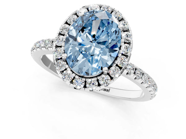 White gold Fancy Blue Oval  Cut Diamond Floral Halo Engagement Ring with Pavé Band and Prong Setting