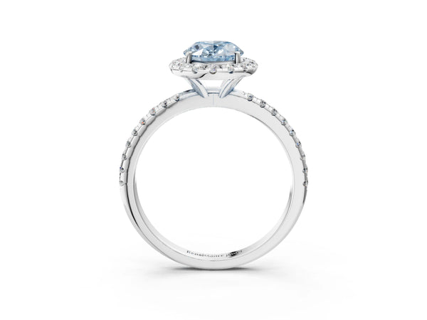 White gold Fancy Blue Oval  Cut Diamond Floral Halo Engagement Ring with Pavé Band and Prong Setting