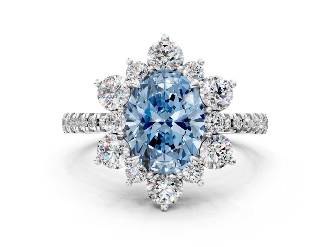 White gold Fancy Blue Oval  Cut Diamond Floral Halo Pave Band with Prong Setting_37