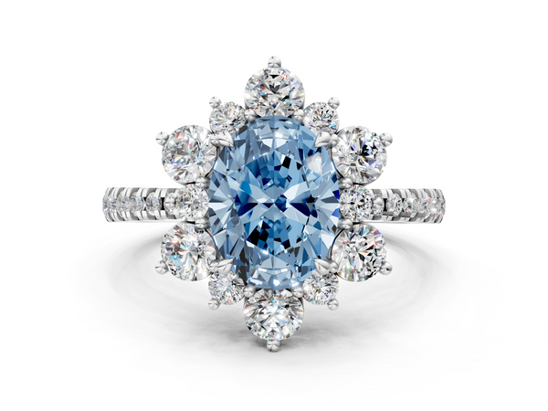 White gold Fancy Blue Oval  Cut Diamond Floral Halo Pave Band with Prong Setting