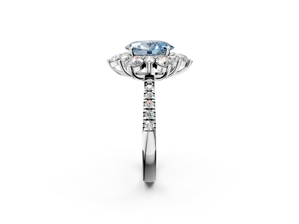 White gold Fancy Blue Oval  Cut Diamond Floral Halo Pave Band with Prong Setting