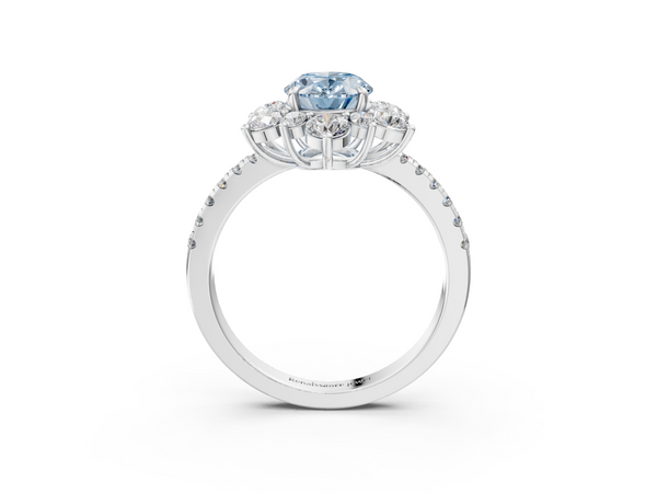 White gold Fancy Blue Oval  Cut Diamond Floral Halo Pave Band with Prong Setting