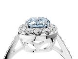 White gold Fancy Blue Oval Cut Diamond Floral Halo Ring with Pavé Band and Prong Setting_11