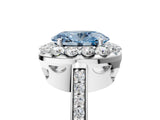 White gold Fancy Blue Oval Cut Diamond Floral Halo Ring with Pavé Band and Prong Setting_12